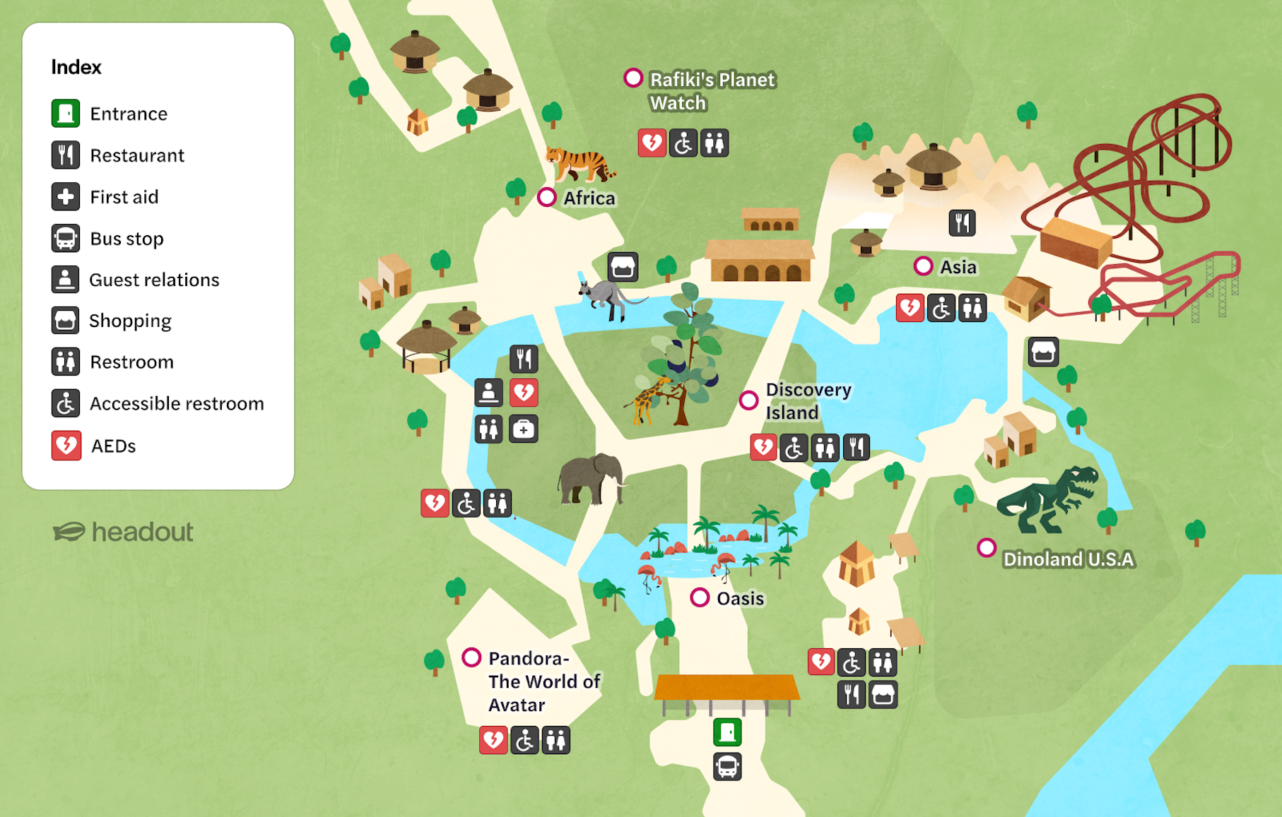 Map of Walt Disney World Orlando showing areas like Africa, Asia, and Dinoland U.S.A. with attractions and amenities.