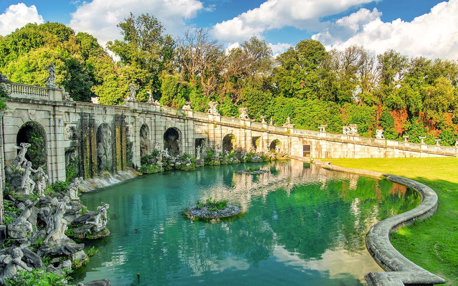 Fountains and waterfalls at the Gardens of Royal Palace of Caserta, Italy.