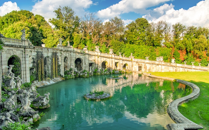 Fountains and waterfalls at the Gardens of Royal Palace of Caserta, Italy.
