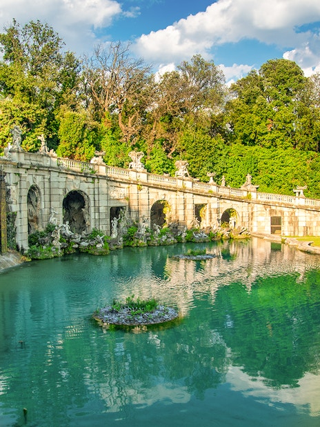 Fountains and waterfalls at the Gardens of Royal Palace of Caserta, Italy.
