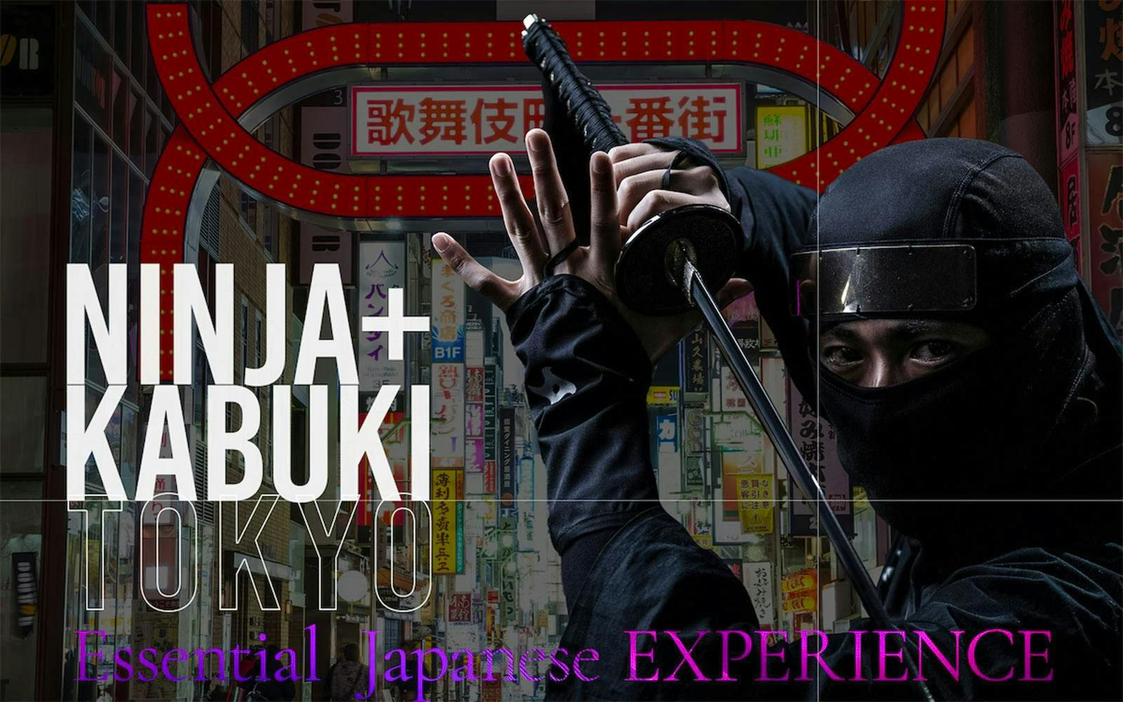 Ninja holding a sword in front of Shinjuku Kabukicho sign for Ninja & Kabuki Live Show.