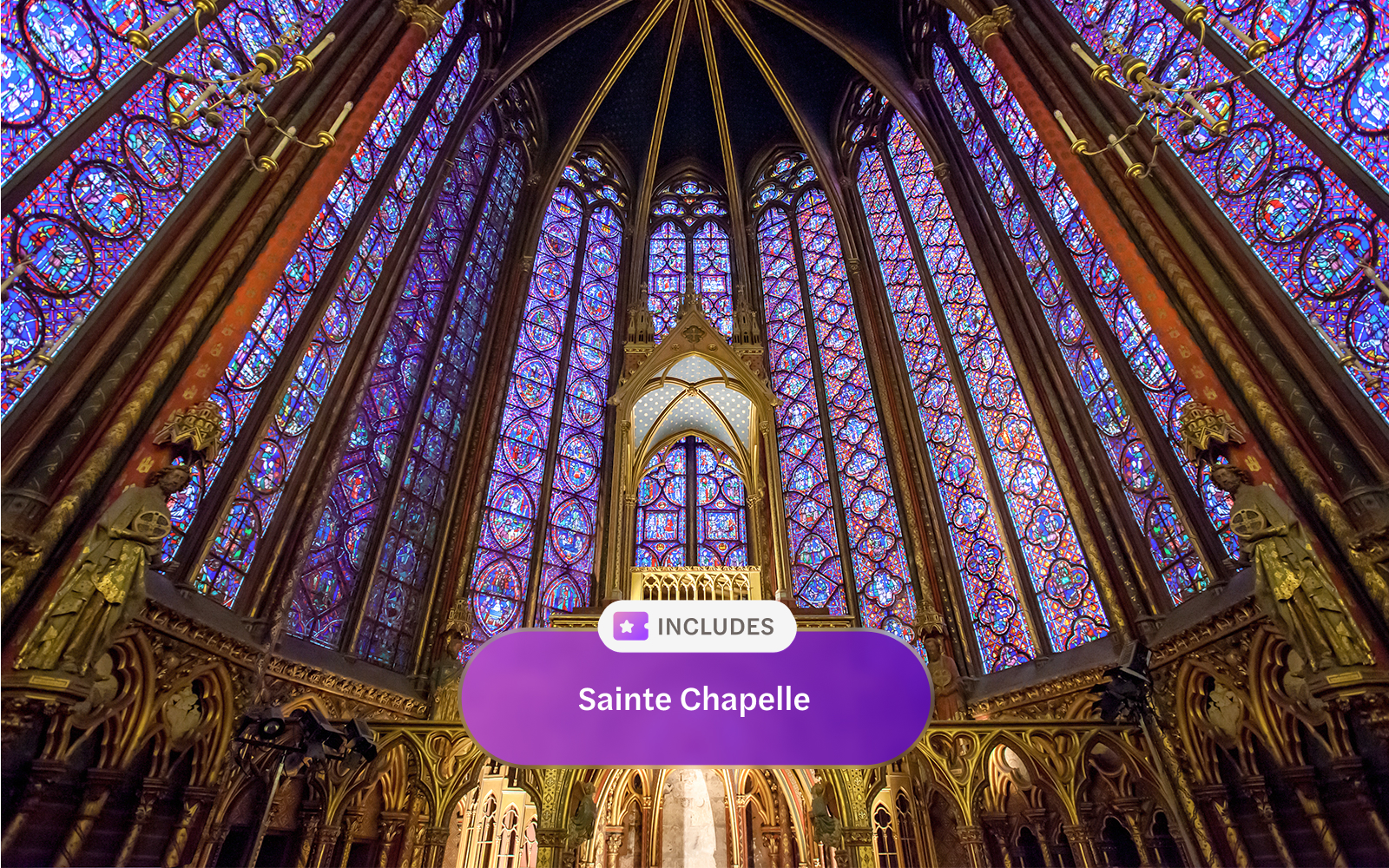 Stained glass windows inside Sainte Chapelle, Paris, included in museum pass.