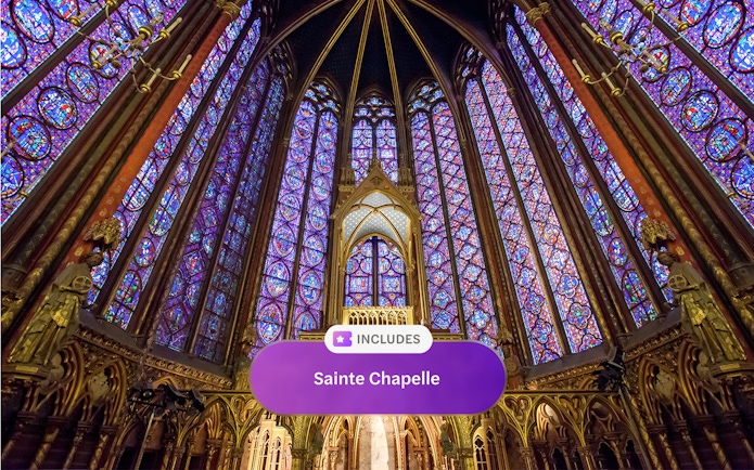 Stained glass windows inside Sainte Chapelle, Paris, included in museum pass.