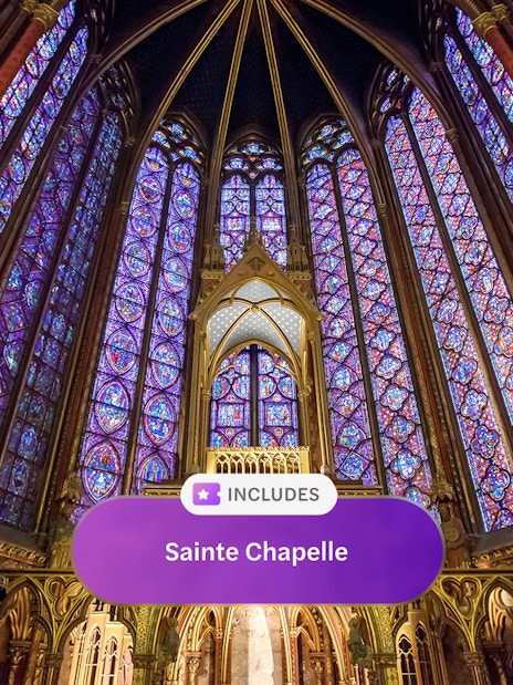 Stained glass windows inside Sainte Chapelle, Paris, included in museum pass.