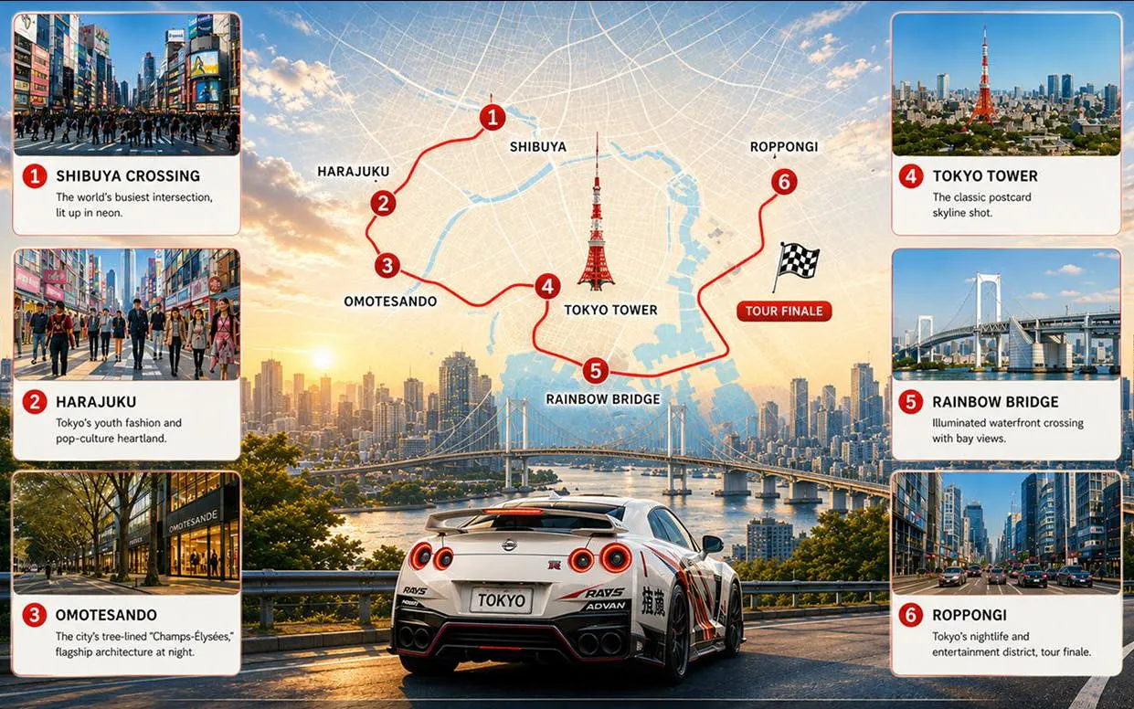Tokyo tour map with Nissan GT-R R35, featuring Shibuya, Harajuku, Omotesando, Tokyo Tower, Rainbow Bridge, and Roppongi.