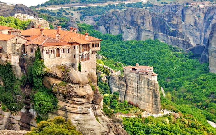 Holy Monastery of the Great Meteoron perched on a rock formation in Meteora, Greece.