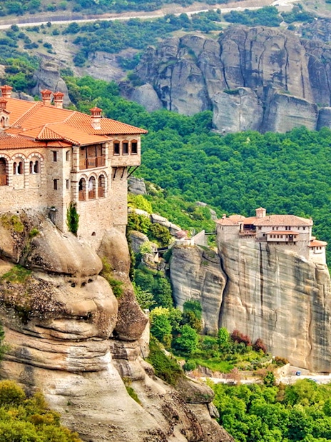 Holy Monastery of the Great Meteoron perched on a rock formation in Meteora, Greece.