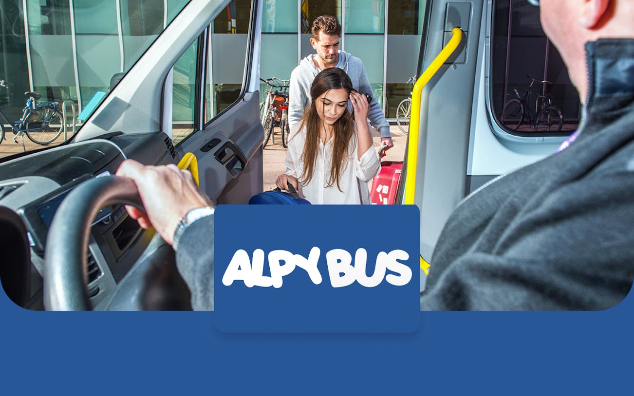 Passengers boarding Alpybus at Geneva Airport for Chamonix Sud route.