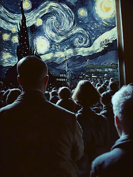 Crowd viewing Van Gogh's Starry Night at immersive exhibit.