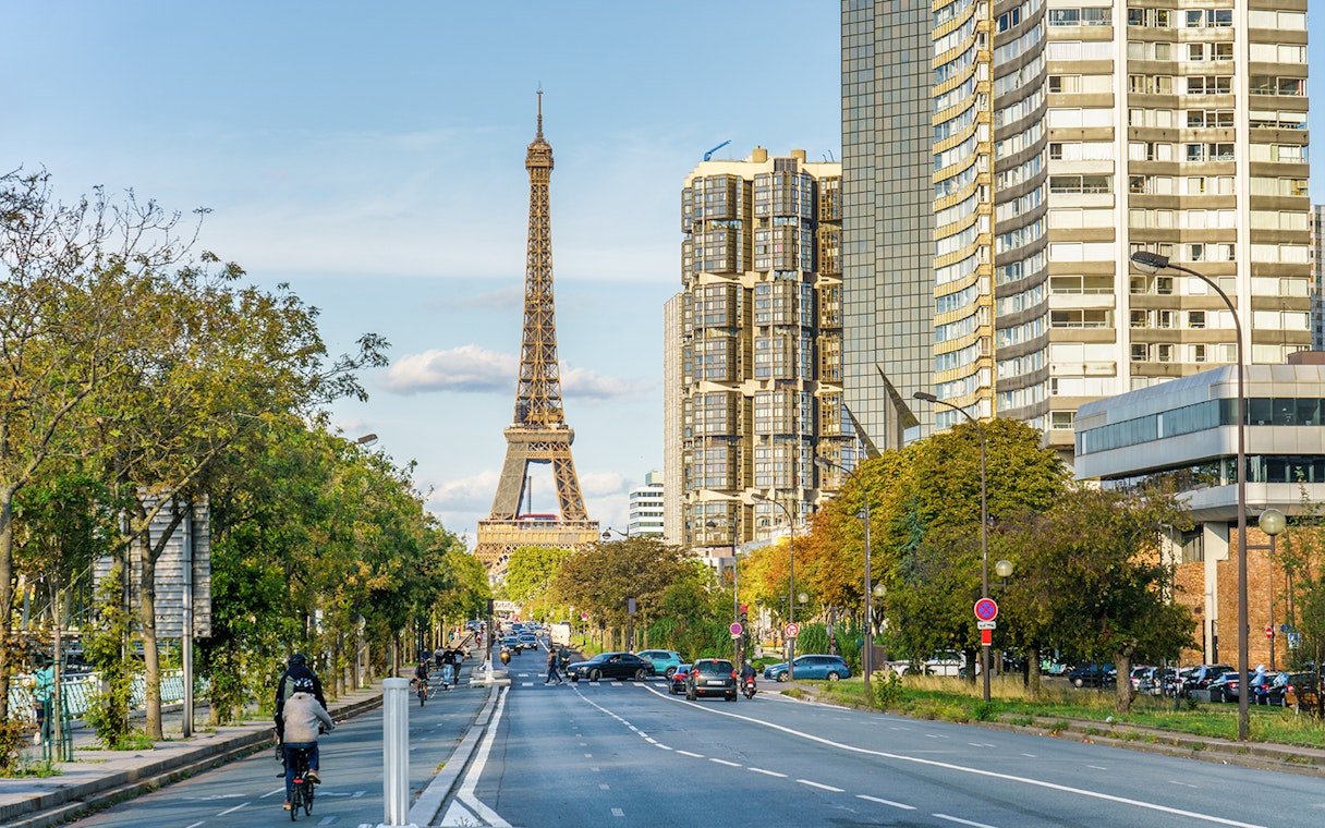 Eiffel Tower view from a Paris street near Orly Airport transfer route.