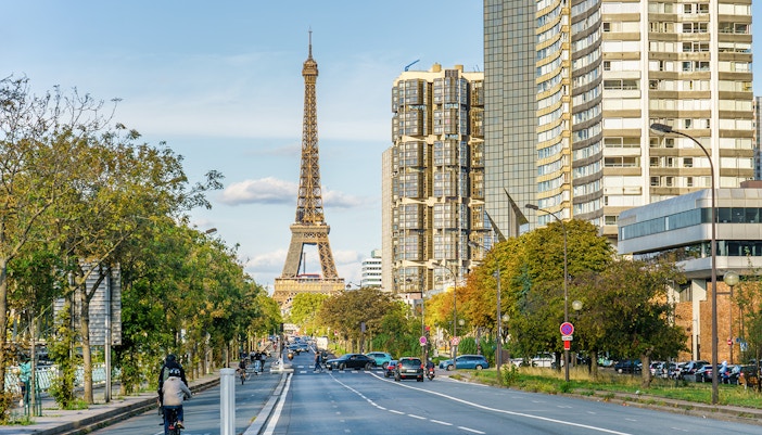 Eiffel Tower view from a Paris street near Orly Airport transfer route.