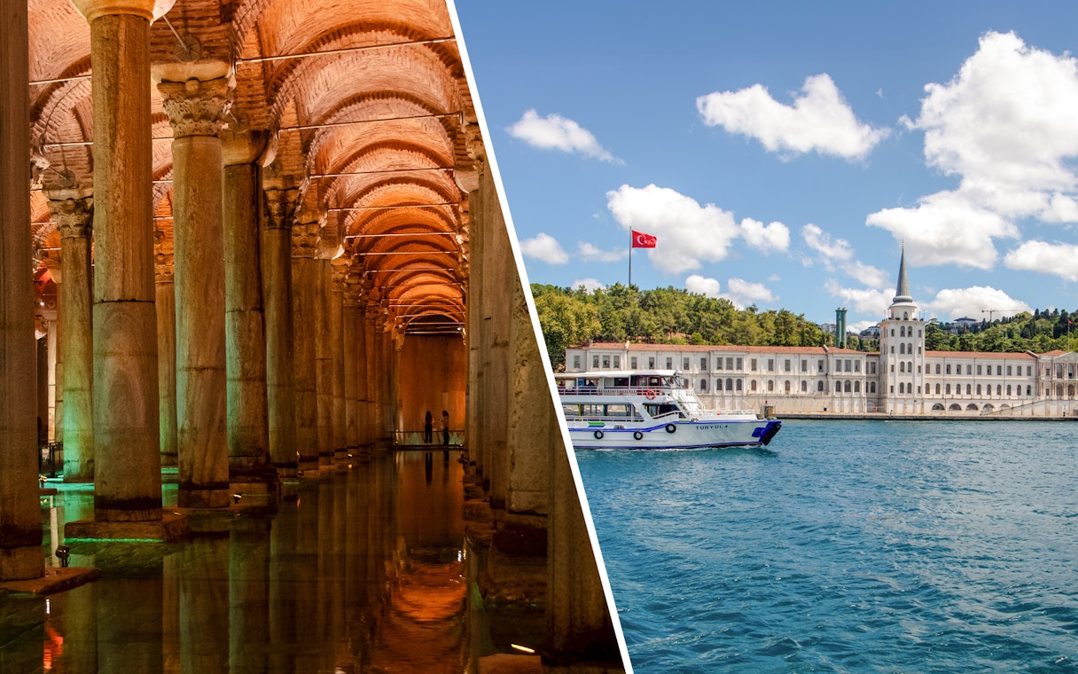 Basilica Cistern interior and boat on Bosphorus near Istanbul landmark.