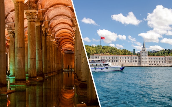 Basilica Cistern interior and boat on Bosphorus near Istanbul landmark.