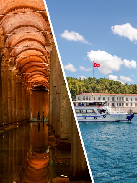 Basilica Cistern interior and boat on Bosphorus near Istanbul landmark.