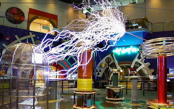 Tesla coil demonstration at Science Centre with KidsStop interactive exhibits.