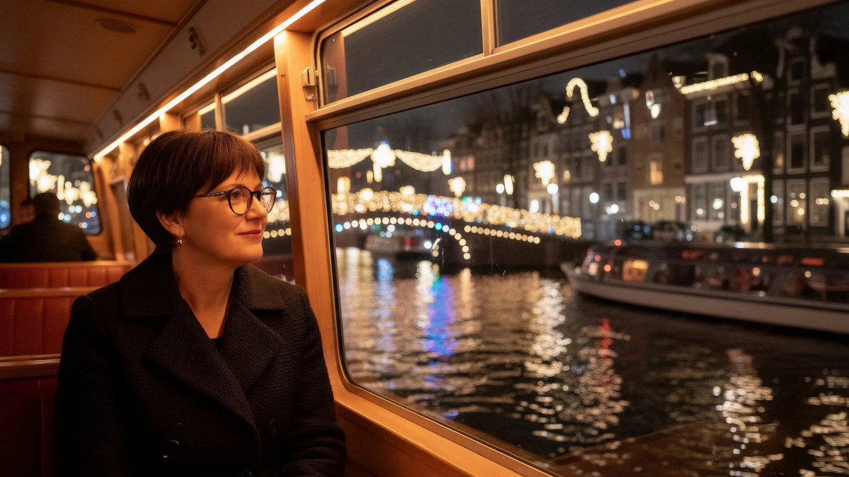 Person enjoying Amsterdam Light Festival canal cruise with illuminated bridge view.