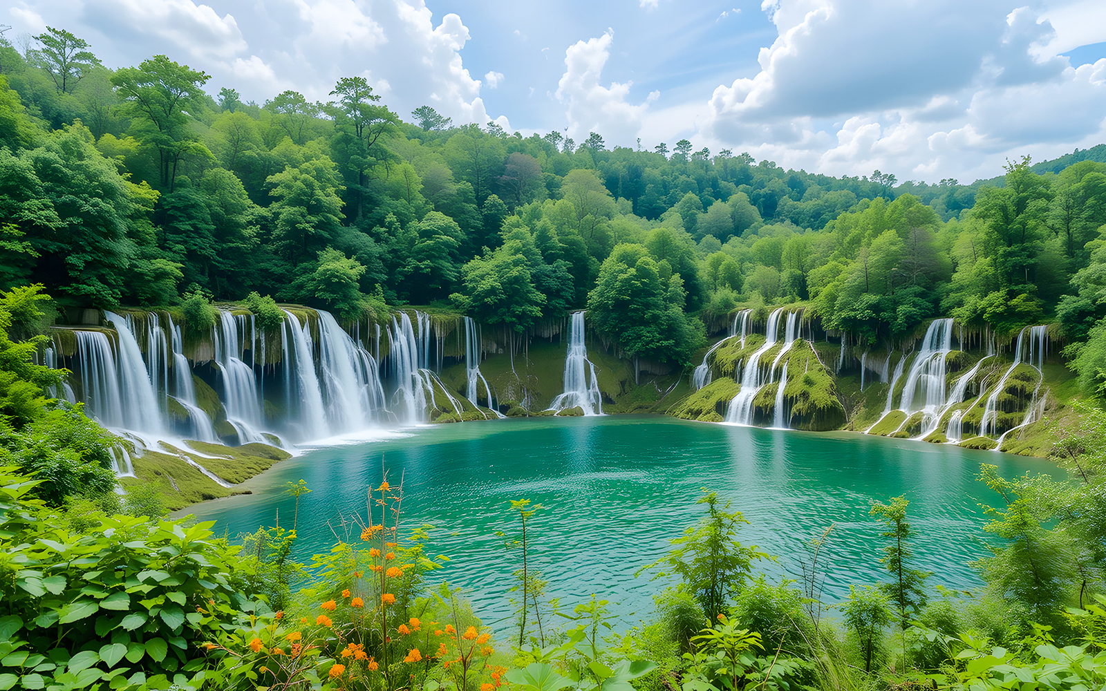 Waterfall cascading into turquoise lake surrounded by lush greenery at Plitvice Lakes, Croatia.