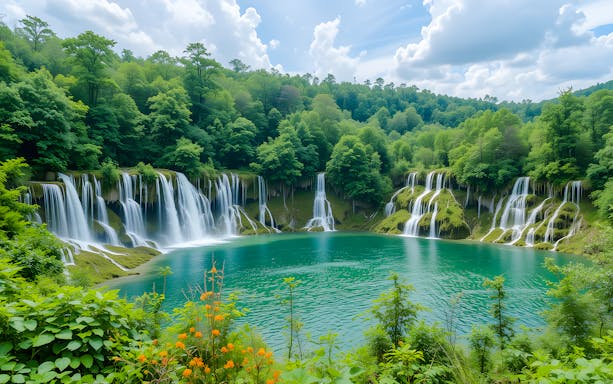 Waterfall cascading into turquoise lake surrounded by lush greenery at Plitvice Lakes, Croatia.
