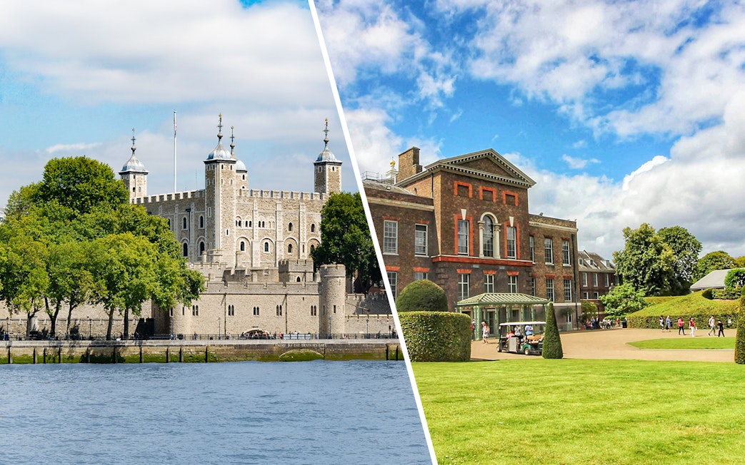 Tower of London and Kensington Palace in London, view of historic buildings and gardens.