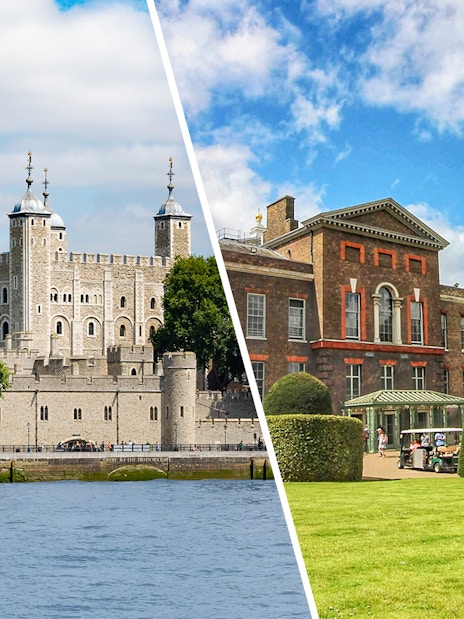Tower of London and Kensington Palace in London, view of historic buildings and gardens.