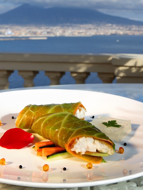 Rooftop dinner with seafood dish and wine overlooking Naples bay and Mount Vesuvius.
