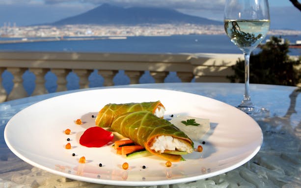 Rooftop dinner with seafood dish and wine overlooking Naples bay and Mount Vesuvius.