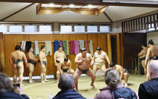 Sumo wrestlers practicing in a dojo during a morning session in Asakusa, Tokyo.