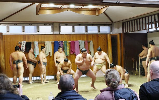 Sumo wrestlers practicing in a dojo during a morning session in Asakusa, Tokyo.