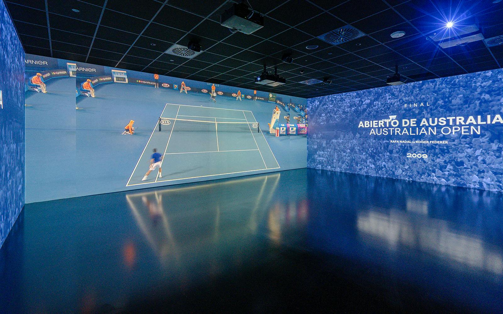 Rafa Nadal Museum interior featuring Australian Open tennis match display.