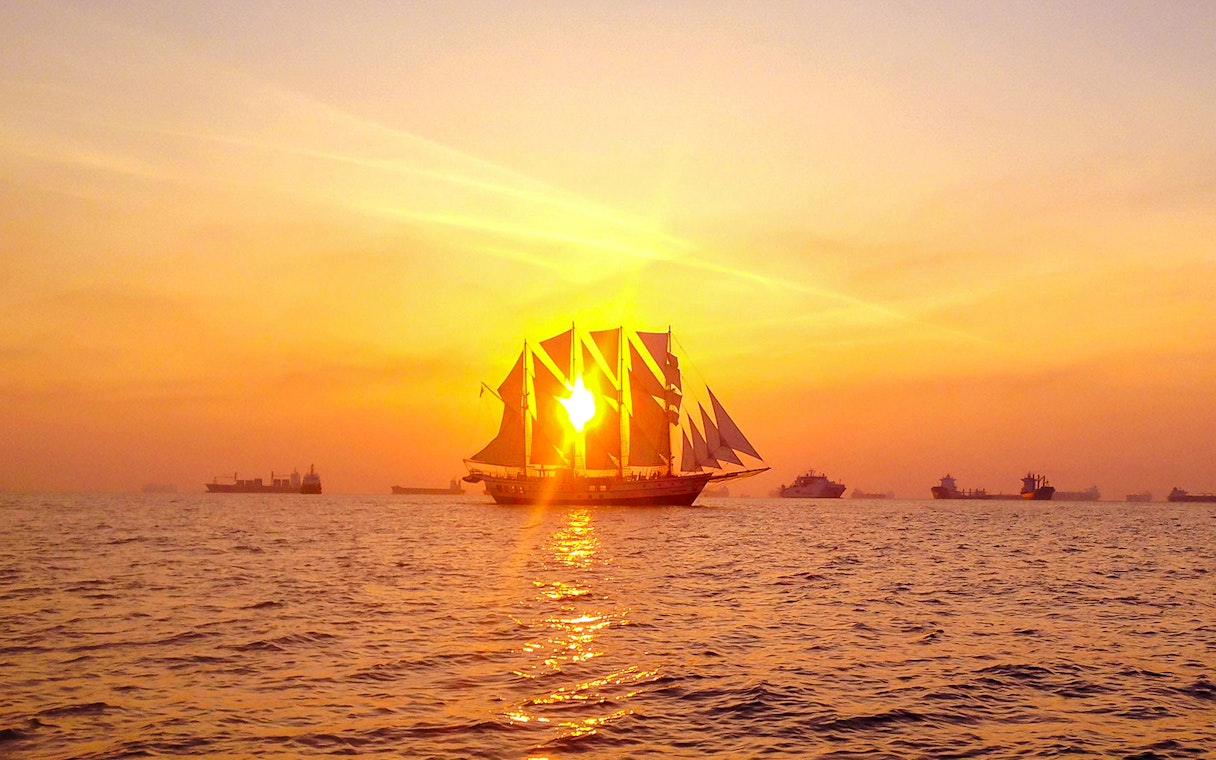 Sailing ship at sunset during the Royal Albatross dinner cruise.