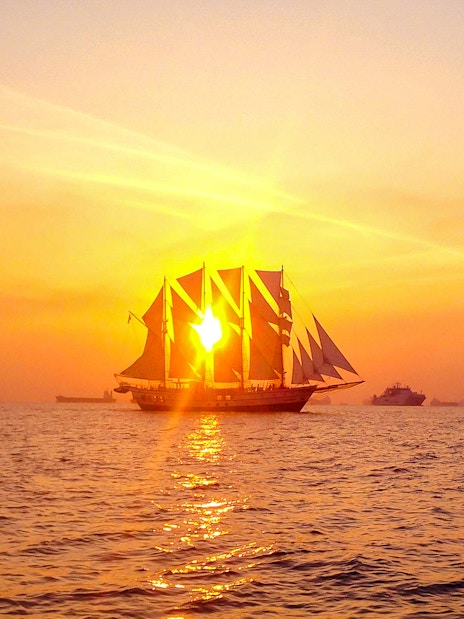Sailing ship at sunset during the Royal Albatross dinner cruise.