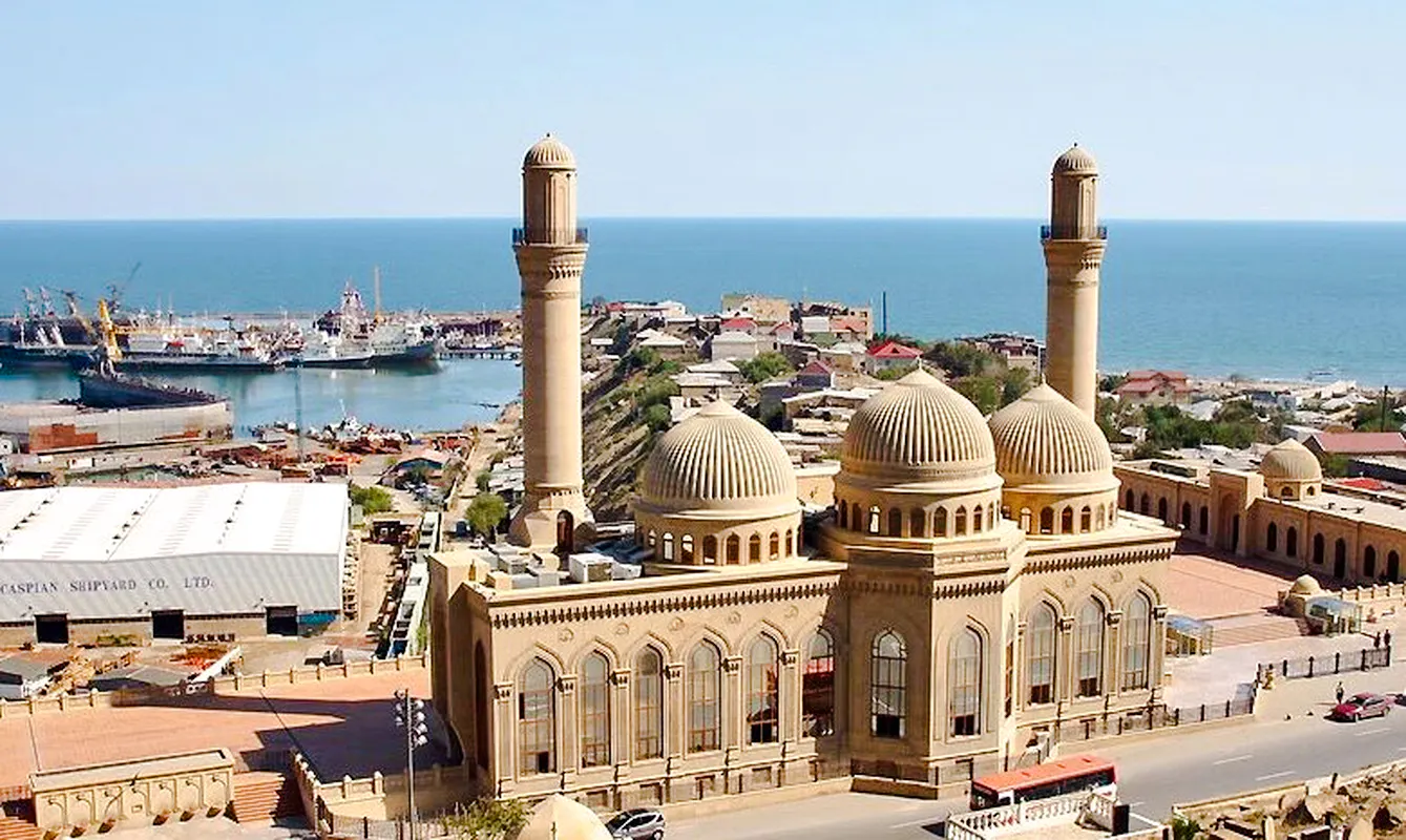 Gobustan and Absheron tour view with mosque and Caspian Sea in Baku.