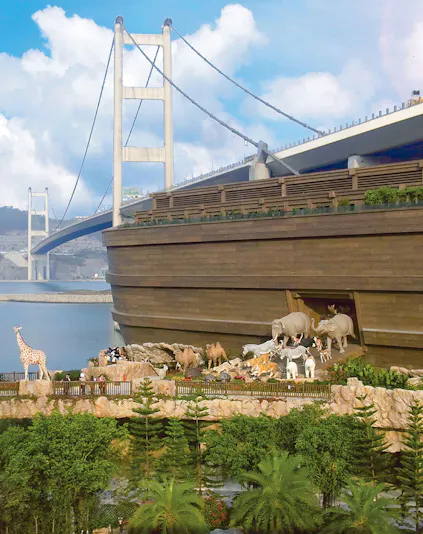 Noah's Ark replica with animal sculptures near Tsing Ma Bridge, Hong Kong.