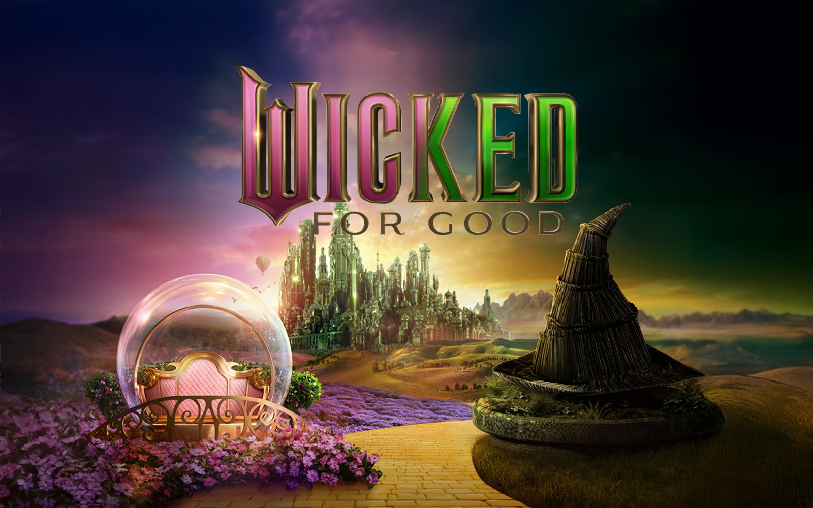 Wicked for Good poster at Universal Studios Singapore with a magical landscape.