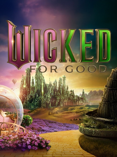Wicked for Good poster at Universal Studios Singapore with a magical landscape.
