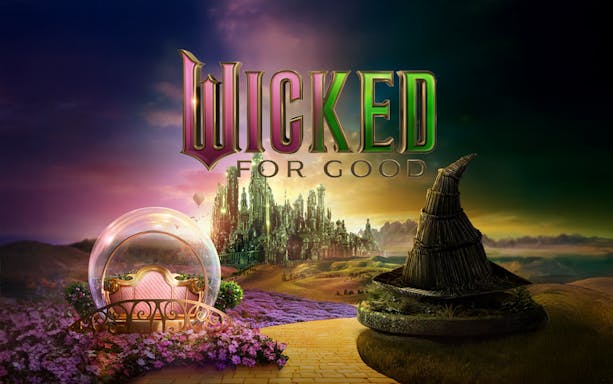 Wicked for Good poster at Universal Studios Singapore with a magical landscape.