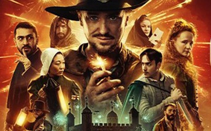 Dramatic depiction of characters involved in The Gunpowder Plot with fireworks in the background.