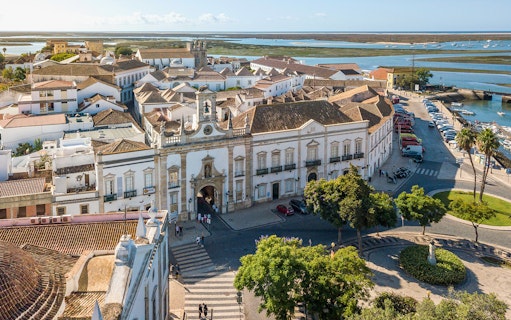 Aerial view of Faro city center near the marina, Portugal.