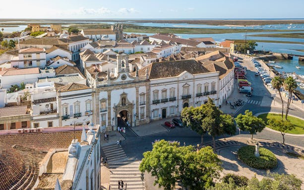 Aerial view of Faro city center near the marina, Portugal.