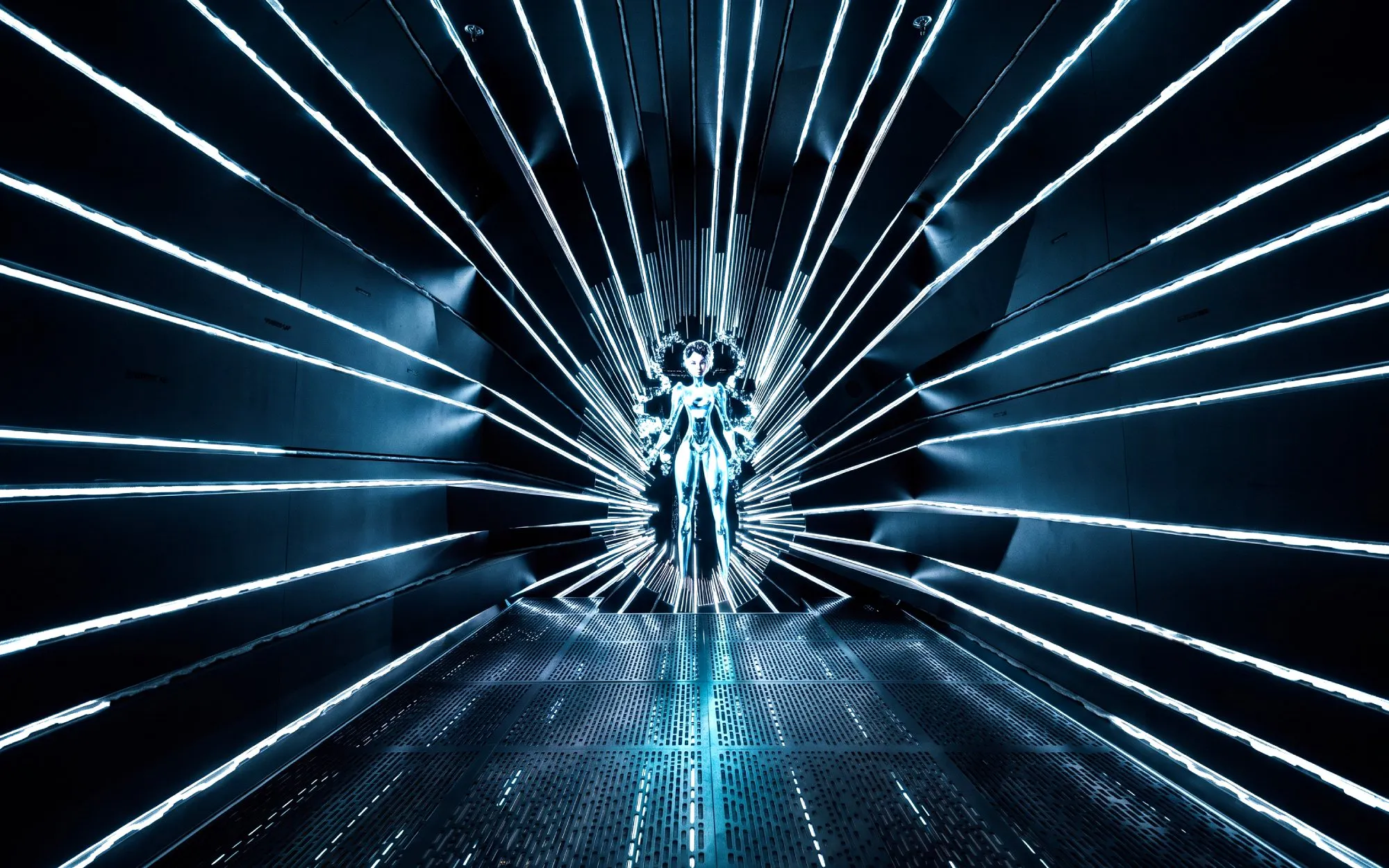 Futuristic figure in illuminated tunnel at AI Dream Immersive Theater.
