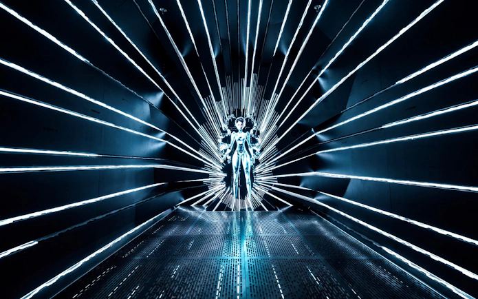 Futuristic figure in illuminated tunnel at AI Dream Immersive Theater.