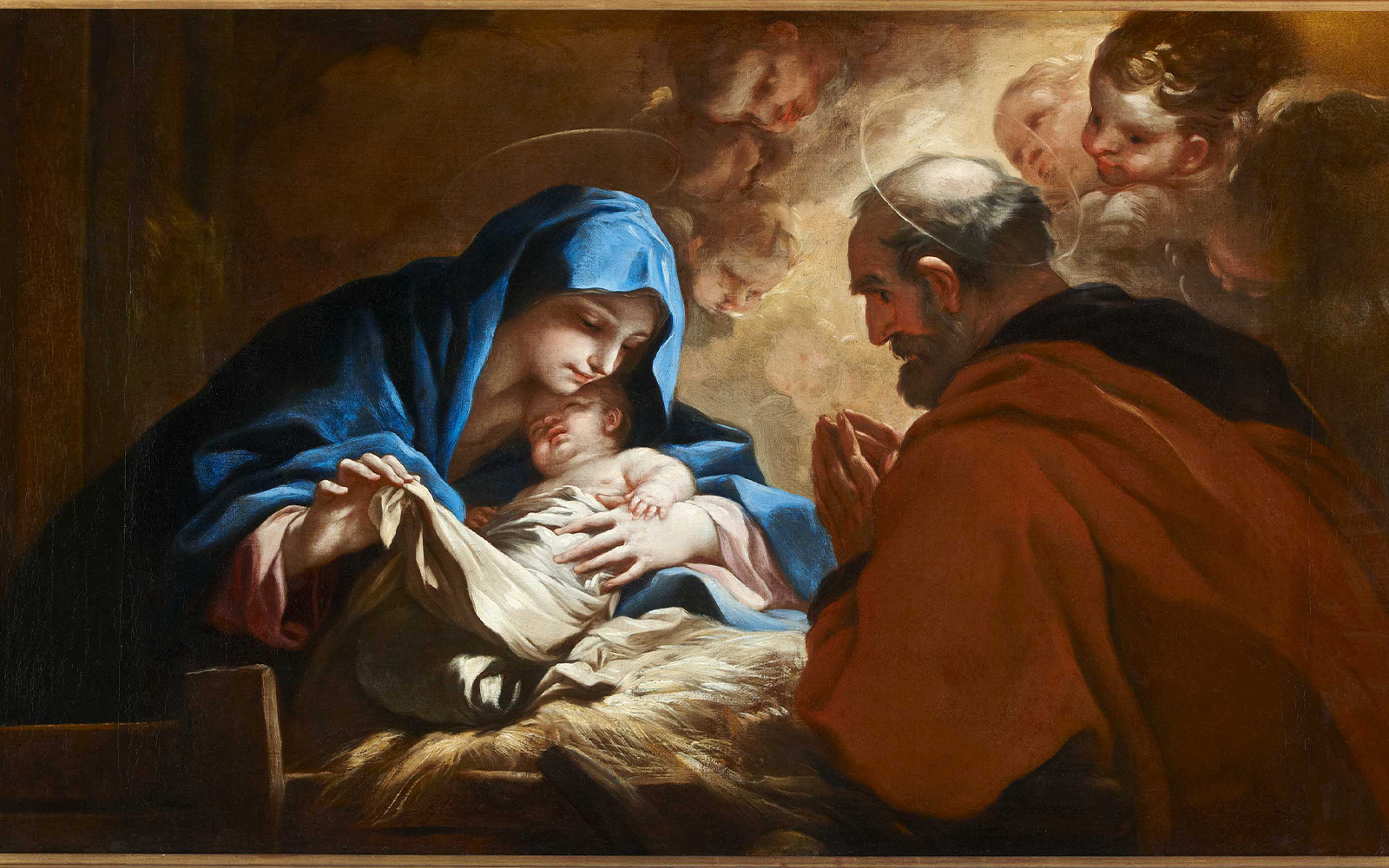 Natividad Christmas painting by Luca Giordano depicting the Nativity scene with Mary and Joseph.