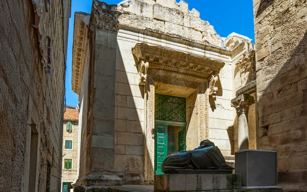 Temple of Jupiter entrance with ancient stone carvings in Diocletian's Palace, Split, Croatia.