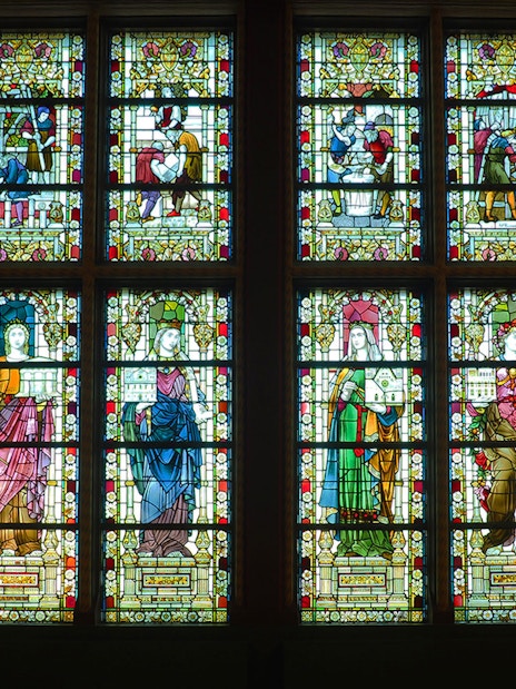 Stained glass windows at Rijksmuseum during a private guided tour.