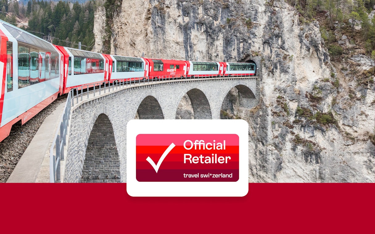 Train crossing the Landwasser Viaduct in Switzerland with Swiss rail pass.