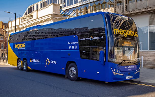 Megabus parked in London for airport transfer service.