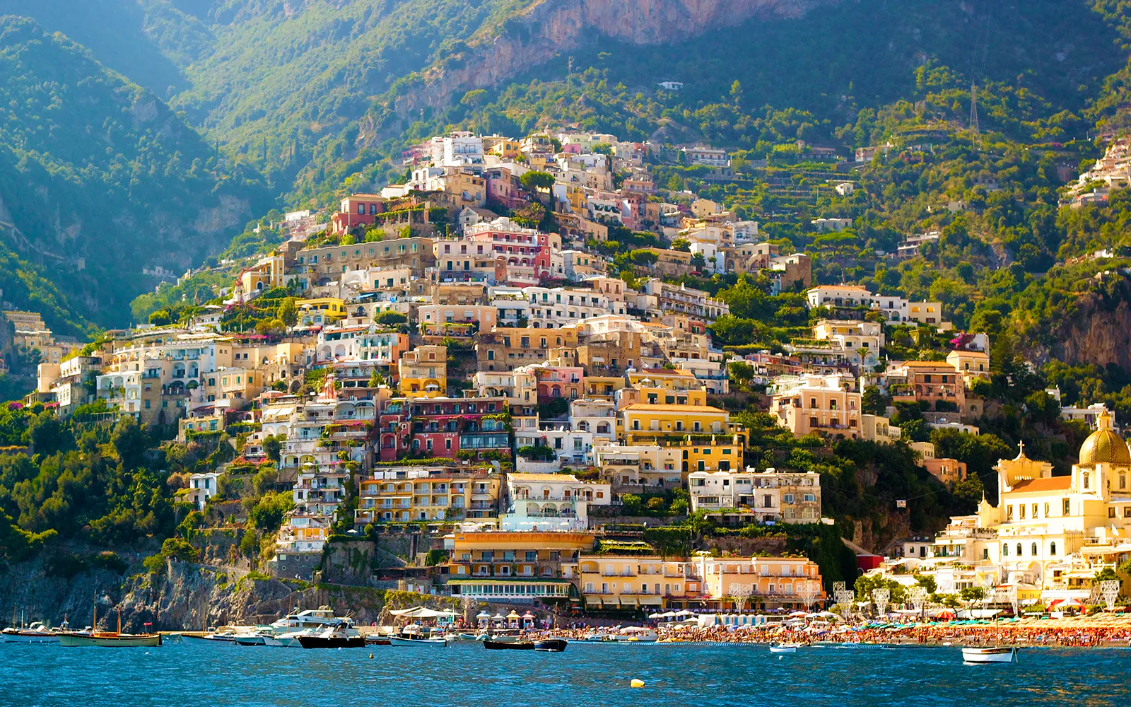 Positano hillside view with colorful buildings along the Amalfi Coast, Italy.