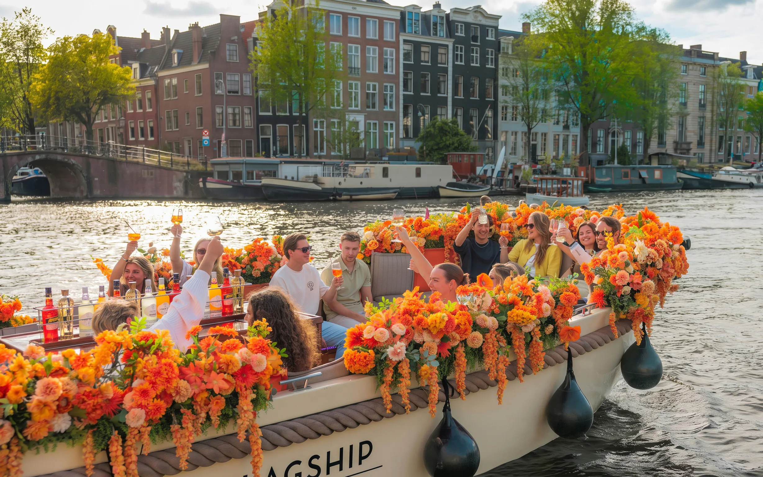 Luxury boat cruise with people enjoying drinks on Amsterdam canal, surrounded by orange flowers.