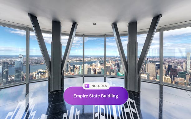 Observation deck view from Empire State Building, overlooking New York City skyline.