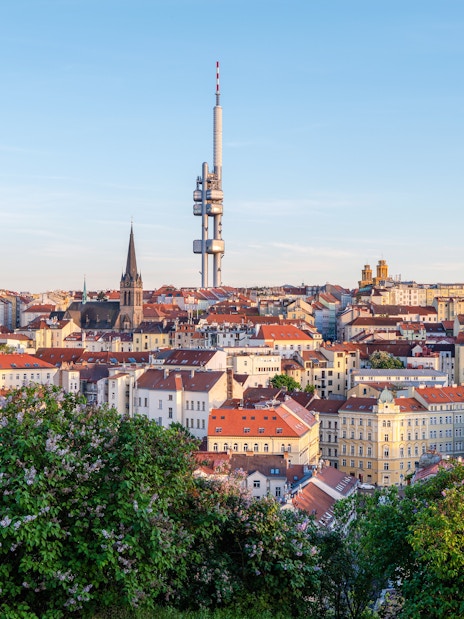 Zizkov TV Tower rising above Prague's cityscape with historic buildings.